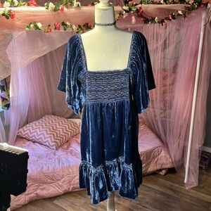 Free People Blue Velvet Angel Wing Smocked Dress